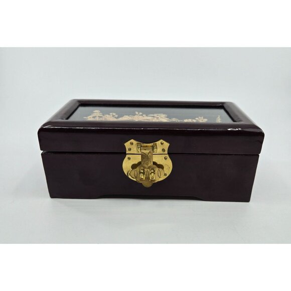 Vintage wood Asian Laquered Jewelry Box With Intricate 3D Bamboo Art Design & Gl - Picture 4 of 9